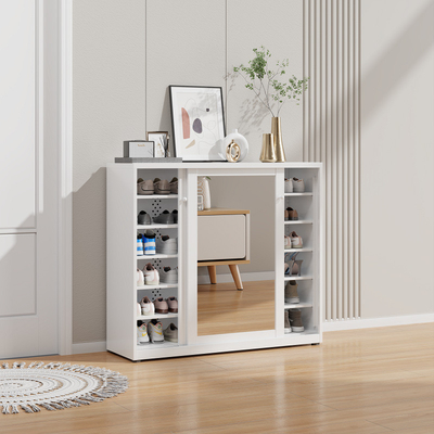 Large-Capacity Steel Shoe Storage Cabinet With Mirror Sliding Door For Home Entrance, Home Exterior Door, Elevator Aisle